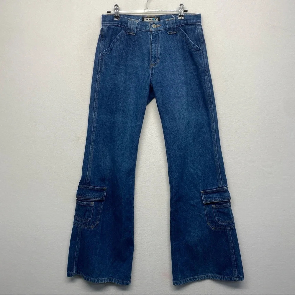 VTG Y2K‎ Flare Cargo Low Rise Jeans Tractor Small Wide Leg 2/4